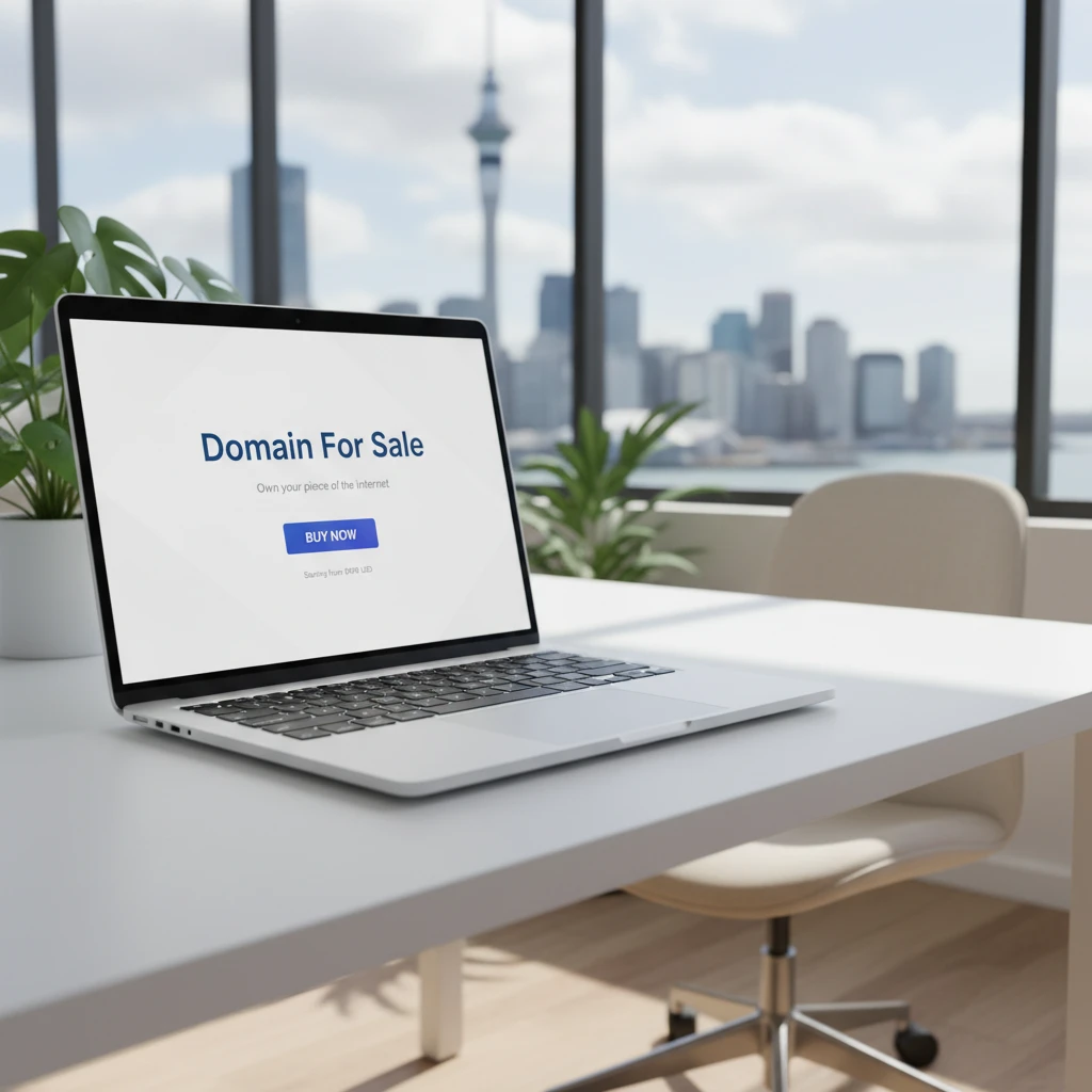 Modern domain for sale landing page example on a laptop screen