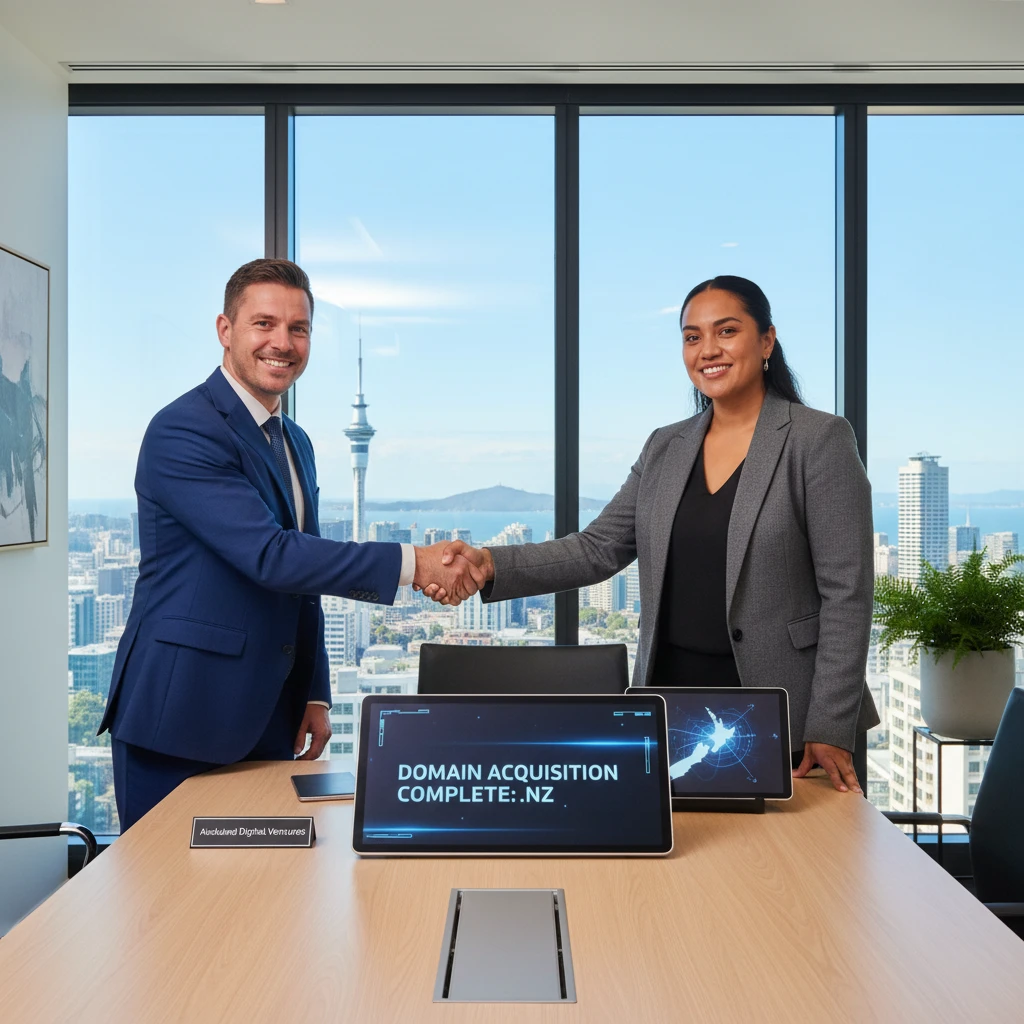 Business professionals finalizing a domain ownership transfer