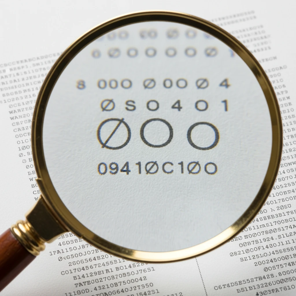 Magnifying glass checking alphanumeric characters for typos