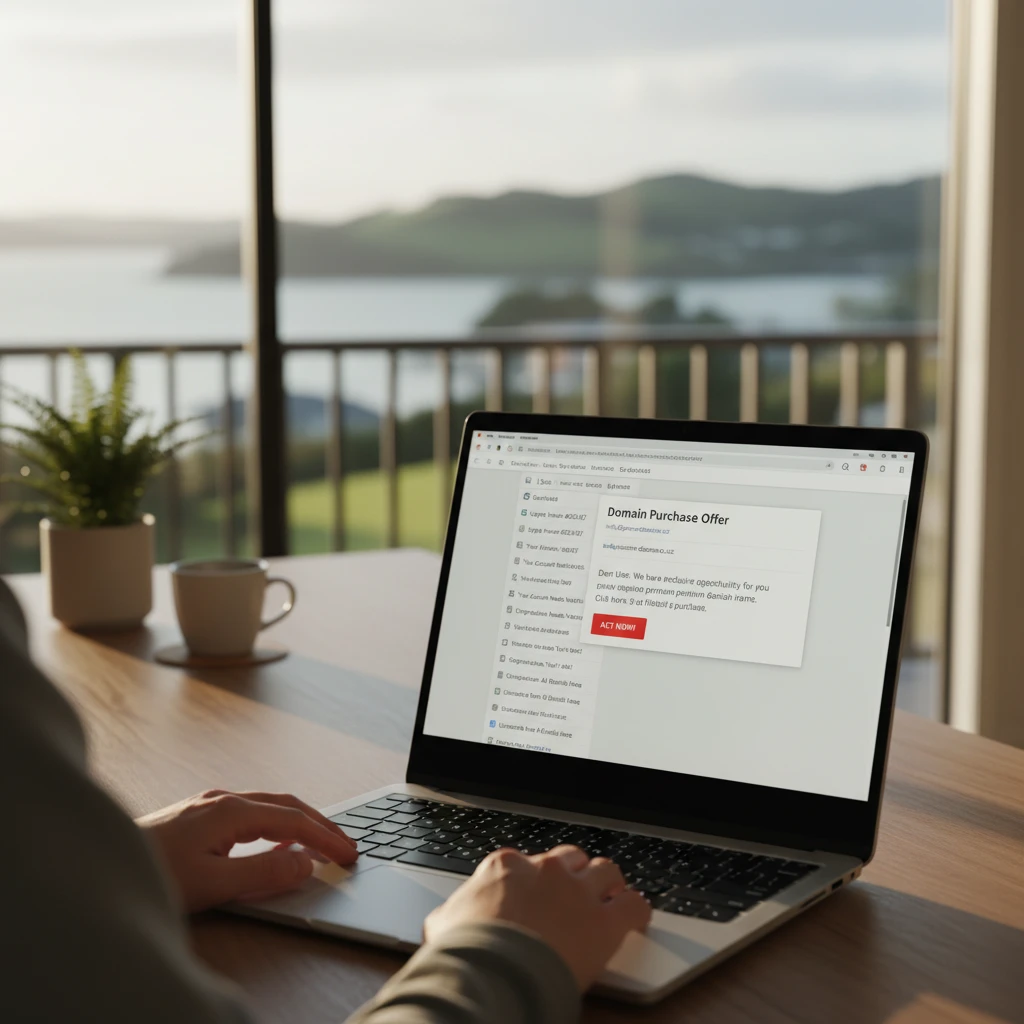 Suspicious domain offer email on laptop screen