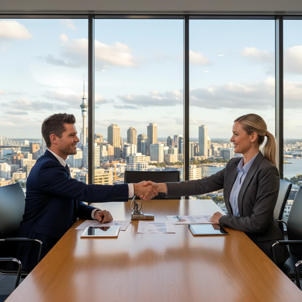Corporate handshake closing a bulk domain deal in Auckland