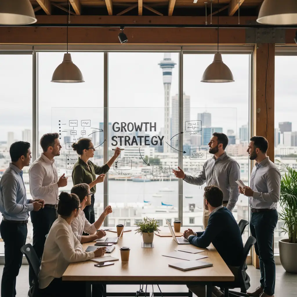 New Zealand startup team discussing growth strategy