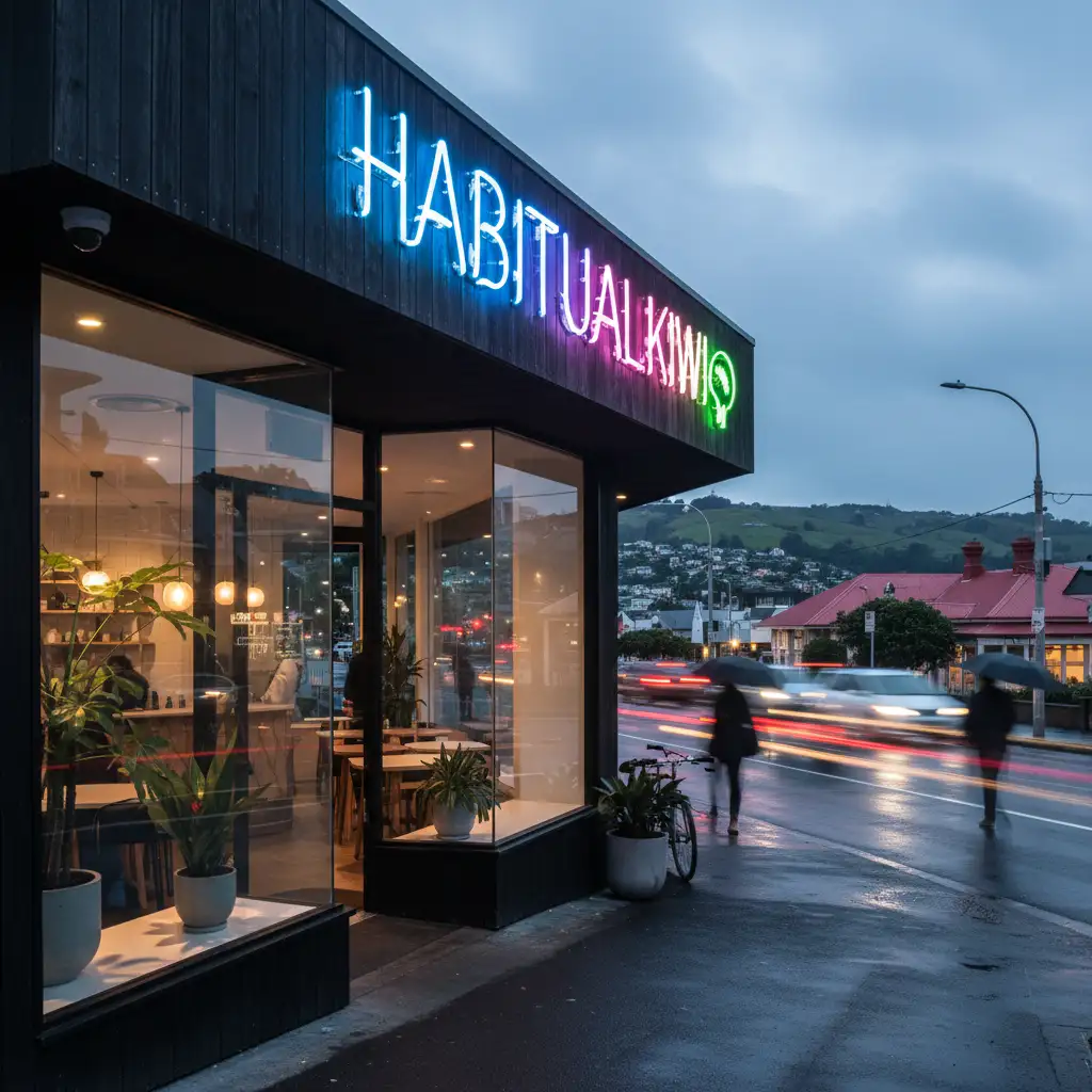 Storefront with neon sign showing a creative .kiwi domain name