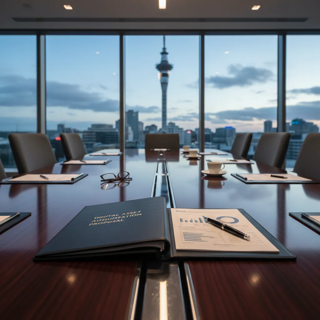Premium domain sales proposal dossier in a corporate boardroom setting