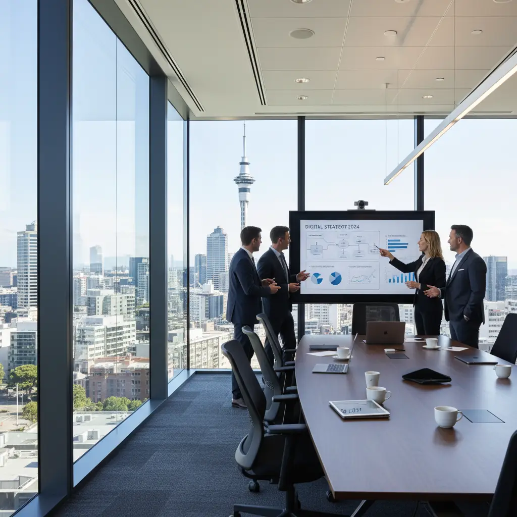 Corporate executives discussing brand protection strategy in Auckland