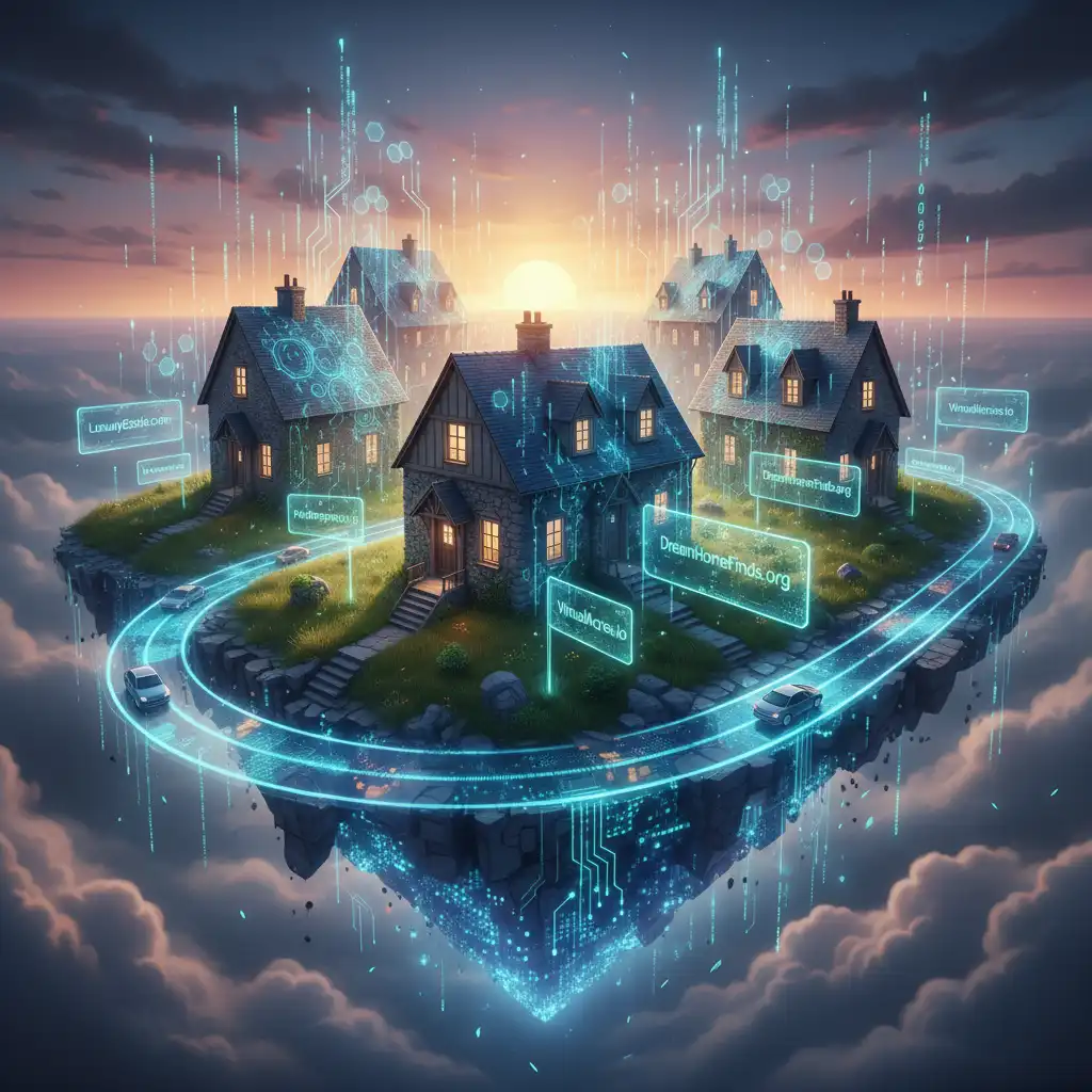 Digital real estate market concept with domain name tags on houses