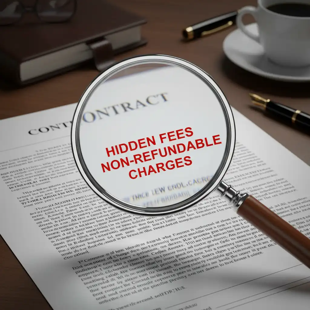 Magnifying glass inspecting fine print on a domain brokerage contract