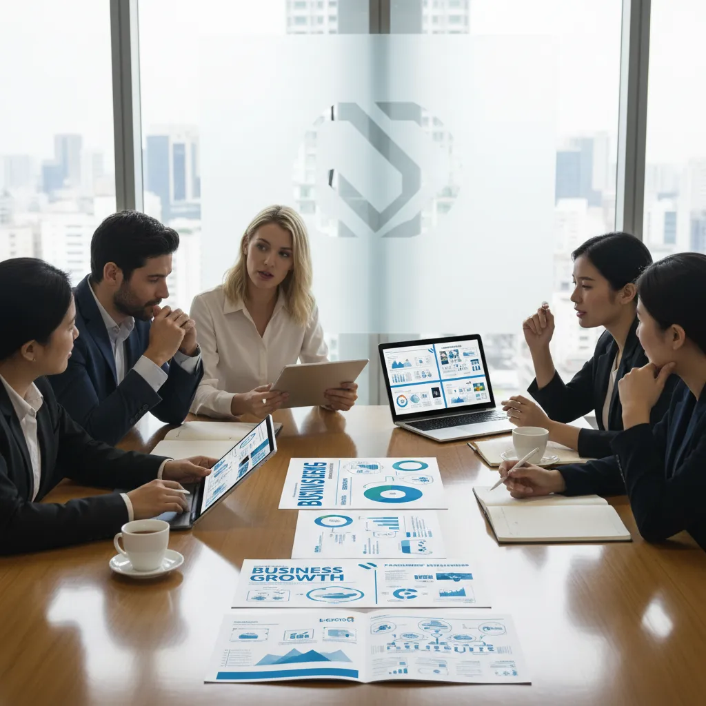 Marketing team reviewing agency referral program materials