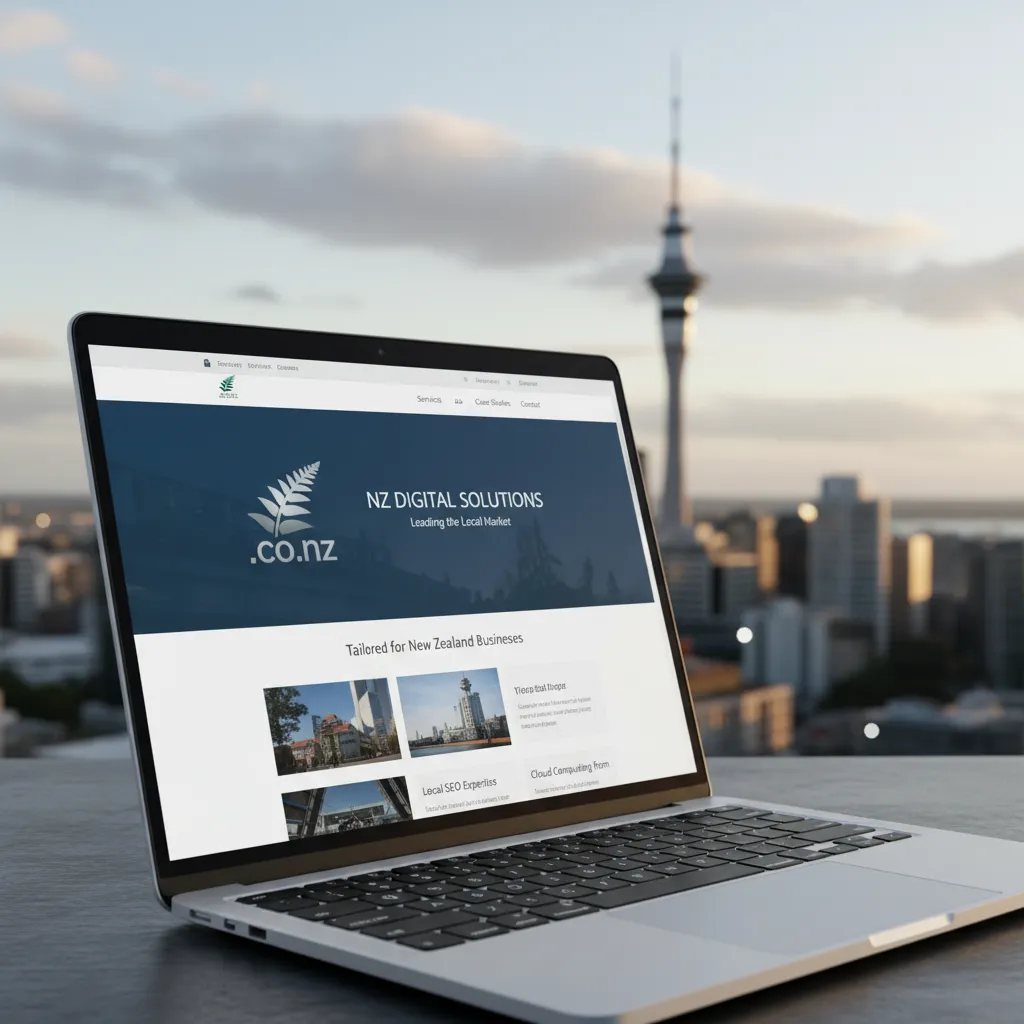 Premium .co.nz website displayed on laptop with Auckland background