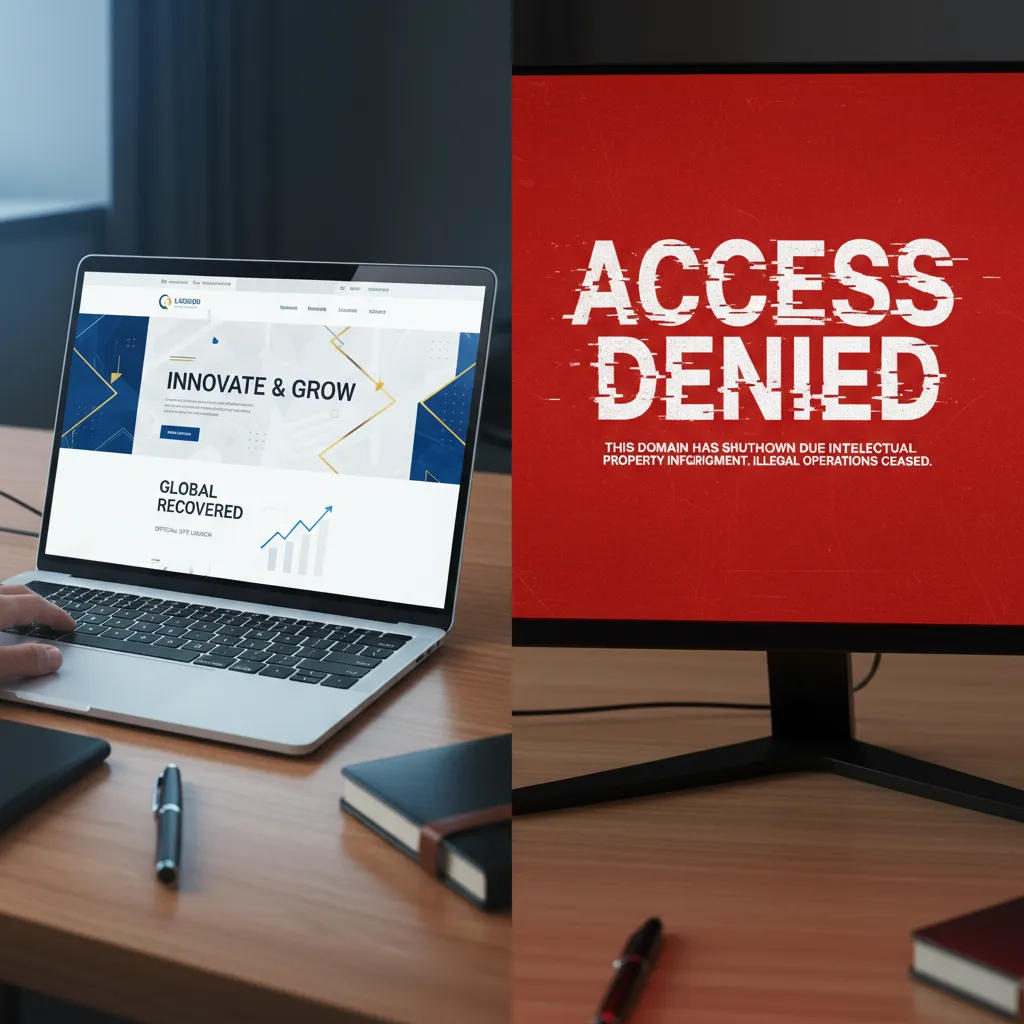 Visual representation of successful domain recovery versus a shutdown infringing site